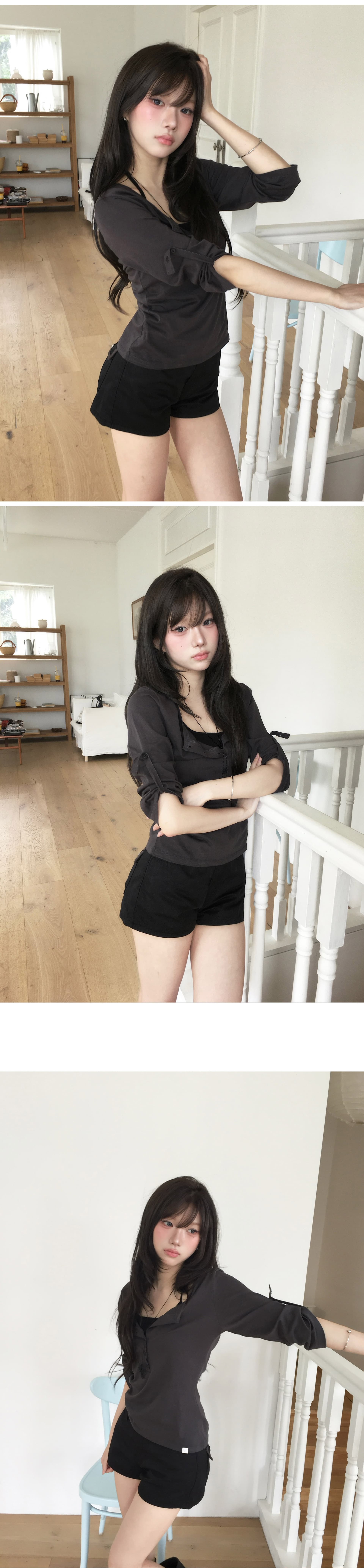한국 ins 기타 버클 수 있습니다. 조정 반 개방 칼라 일상 7부 소매 맨위 상세 이미지 2