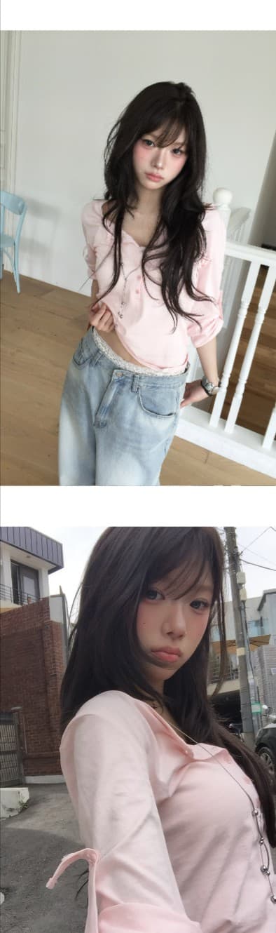 한국 ins 기타 버클 수 있습니다. 조정 반 개방 칼라 일상 7부 소매 맨위 상세 이미지 14