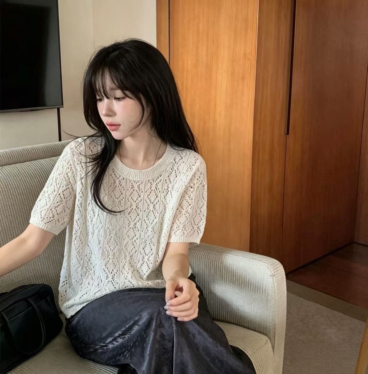 있음 선적 한국 ins 느긋한 자수 홀로우 아웃 라운드 넥 루즈핏 얇은 스타일 니트 스웨터 상세 이미지 1