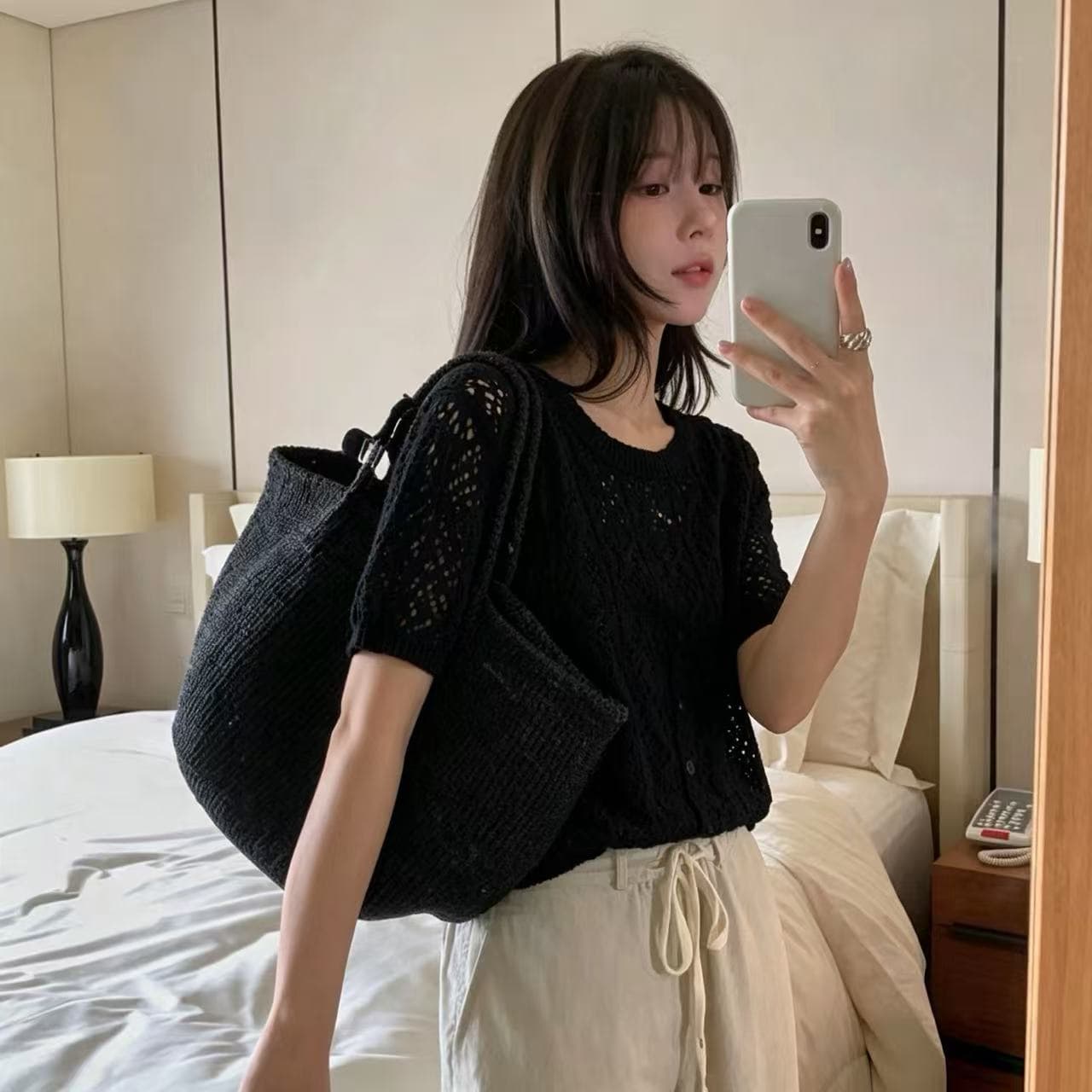 있음 선적 한국 ins 느긋한 자수 홀로우 아웃 라운드 넥 루즈핏 얇은 스타일 니트 스웨터 상세 이미지 6