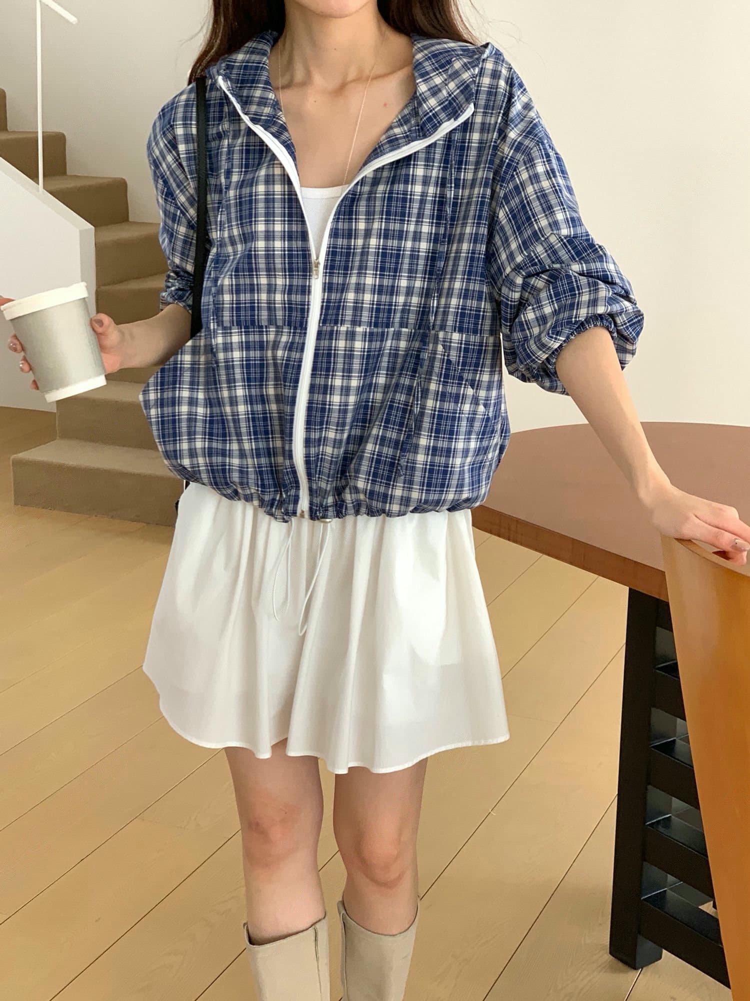 있음 선적 한국 chic 루즈핏 얇은 스타일 캐주얼 후드 체크무늬 긴팔 자외선 차단 재킷 상세 이미지 16