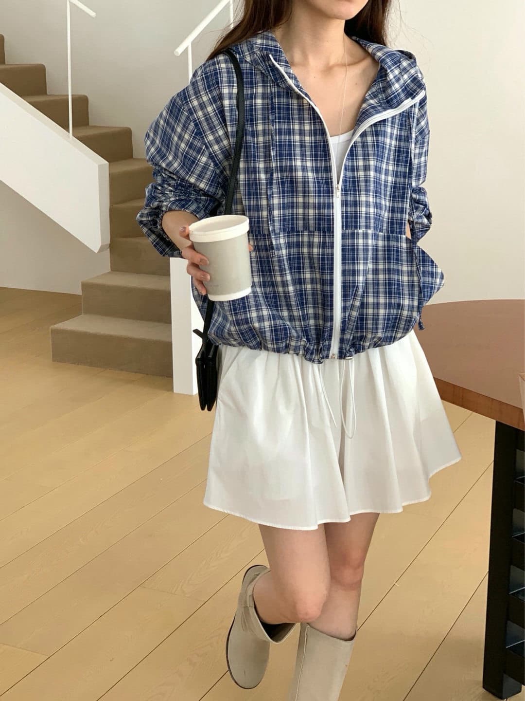 있음 선적 한국 chic 루즈핏 얇은 스타일 캐주얼 후드 체크무늬 긴팔 자외선 차단 재킷 상세 이미지 23