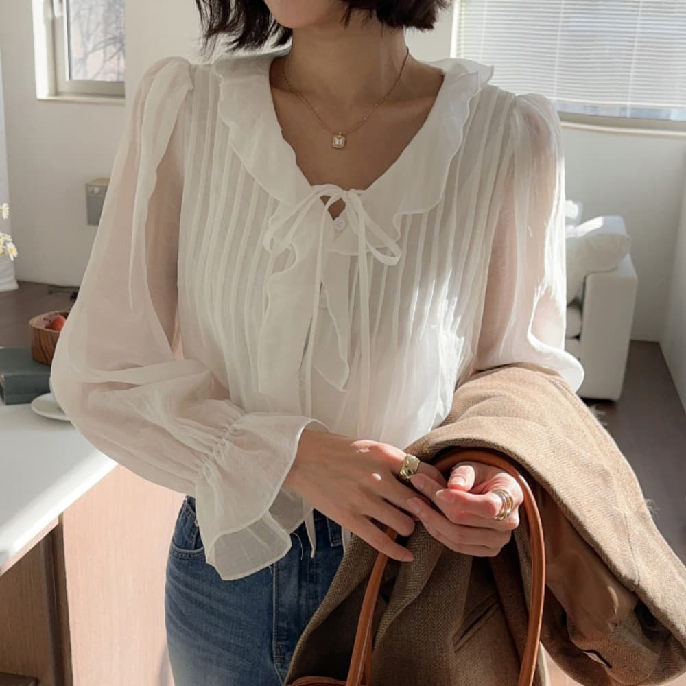 있음 선적 한국 ins 달콤함 낭만주의 연령 감소 프릴 물결무늬 칼라 플리츠 레이스업 긴팔 셔츠 이미지 2