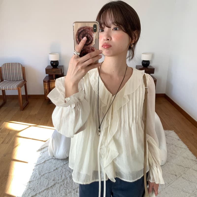 있음 선적 한국 ins 달콤함 낭만주의 연령 감소 프릴 물결무늬 칼라 플리츠 레이스업 긴팔 셔츠 상세 이미지 9