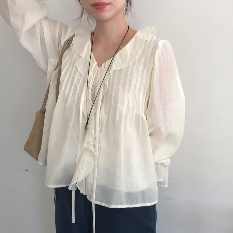 있음 선적 한국 ins 달콤함 낭만주의 연령 감소 프릴 물결무늬 칼라 플리츠 레이스업 긴팔 셔츠 상세 이미지 10