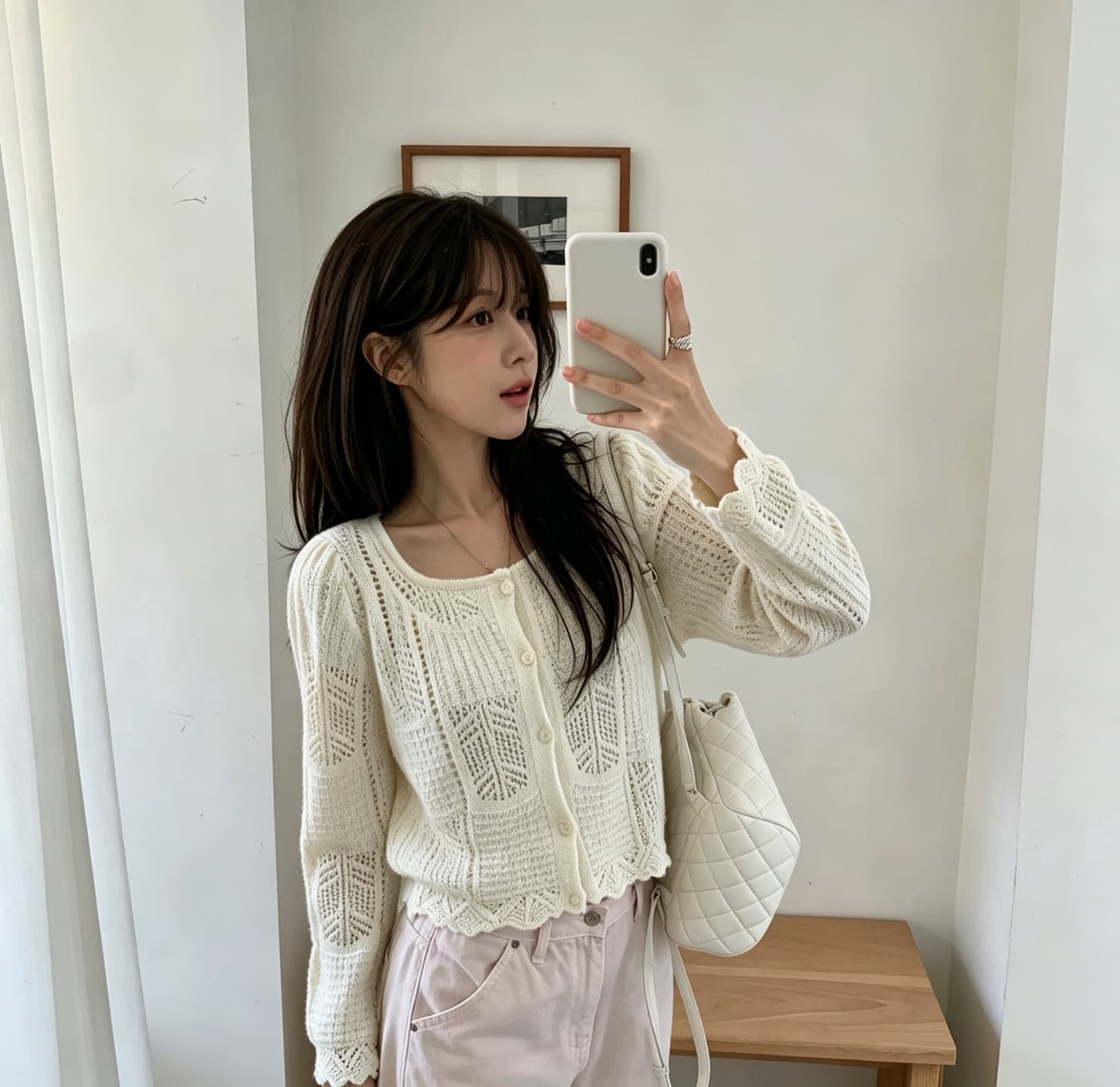 있음 선적 한국 ins 디자인 센스 품격 느긋한 바람 홀로우 아웃 얇은 스타일 긴팔 니트 오픈 가디건