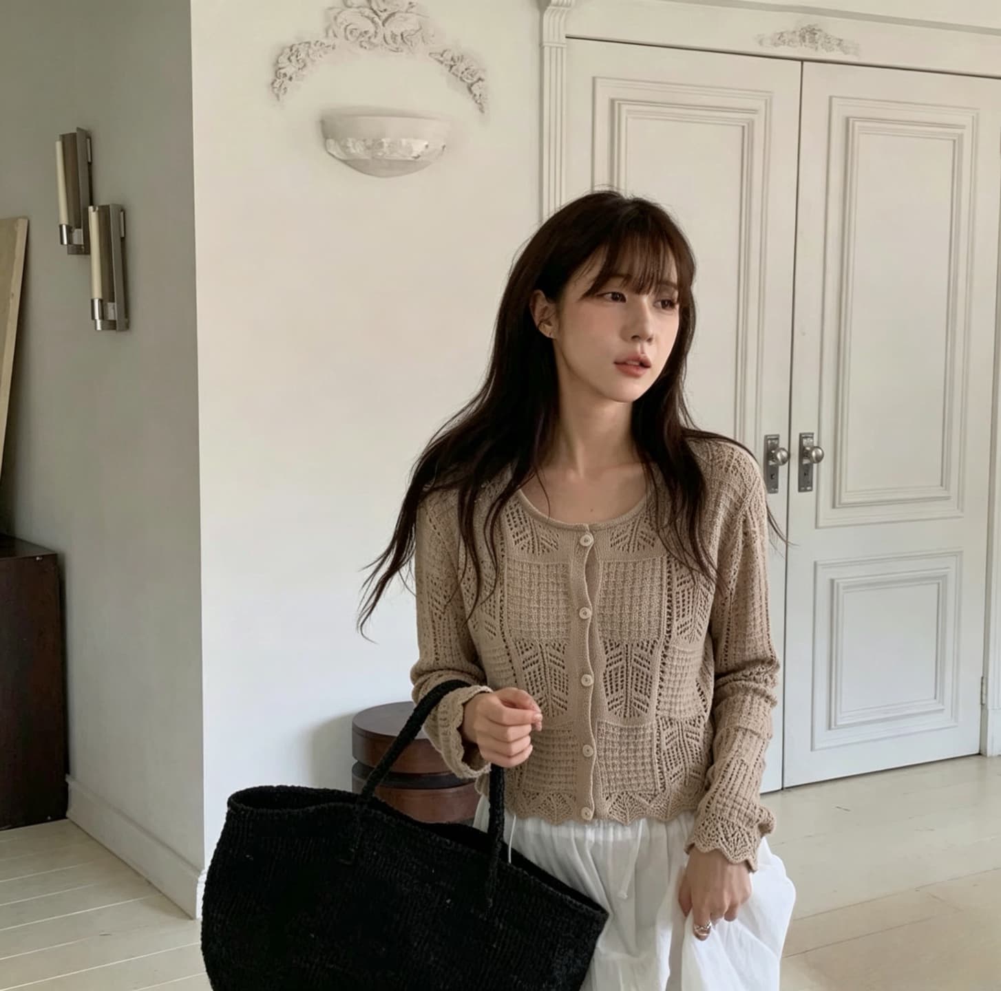 있음 선적 한국 ins 디자인 센스 품격 느긋한 바람 홀로우 아웃 얇은 스타일 긴팔 니트 오픈 가디건 상세 이미지 7