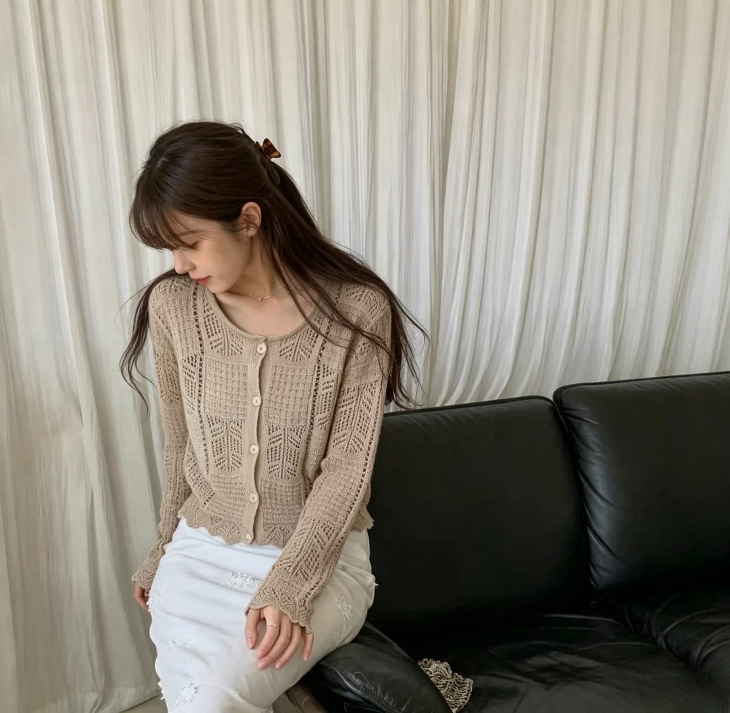 있음 선적 한국 ins 디자인 센스 품격 느긋한 바람 홀로우 아웃 얇은 스타일 긴팔 니트 오픈 가디건 상세 이미지 8