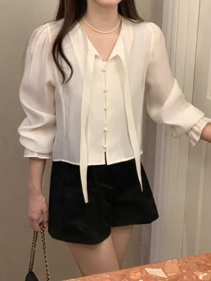 있음 선적 한국 ins 레이스업 개성 디자인 나팔 소매 셔츠 상세 이미지 17