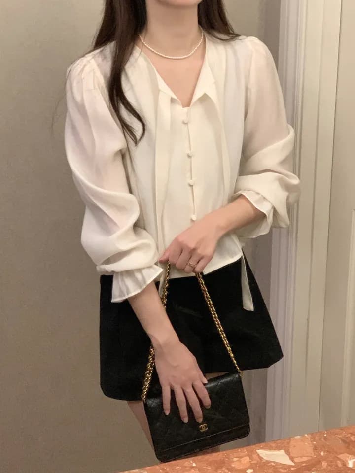 있음 선적 한국 ins 레이스업 개성 디자인 나팔 소매 셔츠 상세 이미지 20