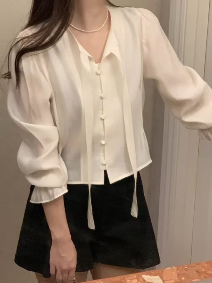 있음 선적 한국 ins 레이스업 개성 디자인 나팔 소매 셔츠 상세 이미지 21