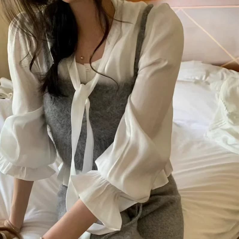있음 선적 한국 chic 단색 도트 무늬 스트랩 프릴 달콤함 쉬폰 셔츠 상세 이미지 6