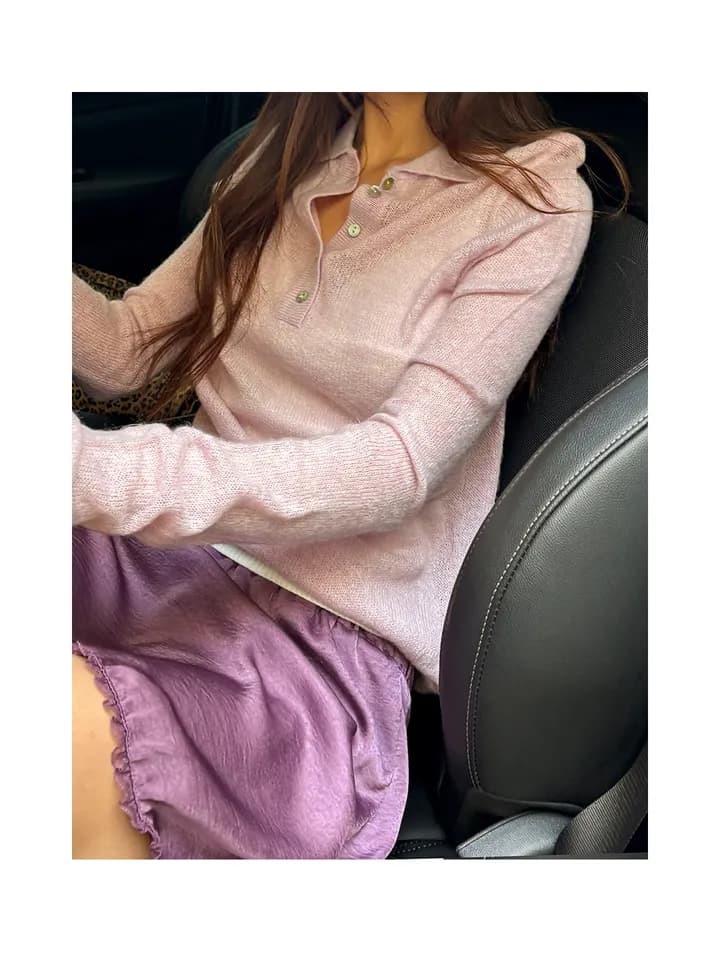 있음 선적 한국 ins 부드러운 미니멀리즘 일상 출퇴근 폴로 칼라 부서 버클 긴팔 니트 스웨터 상세 이미지 13