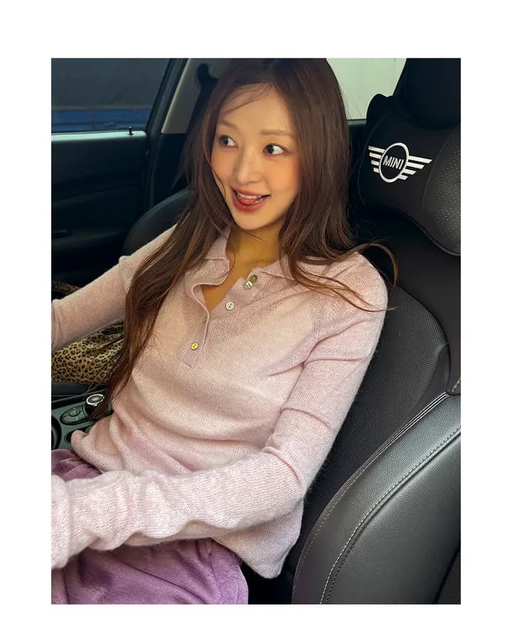 있음 선적 한국 ins 부드러운 미니멀리즘 일상 출퇴근 폴로 칼라 부서 버클 긴팔 니트 스웨터 상세 이미지 14