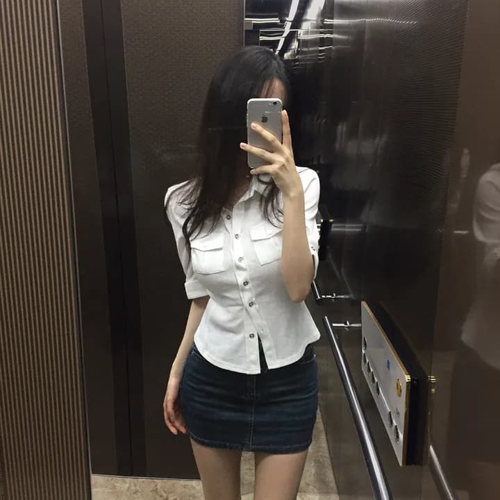 있음 선적 한국 chic 캐주얼 바람 폴로 칼라 허리 수축 5 점 소매 셔츠 상세 이미지 1