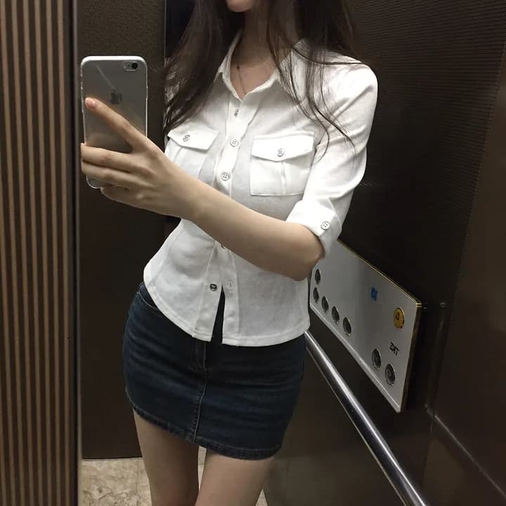 있음 선적 한국 chic 캐주얼 바람 폴로 칼라 허리 수축 5 점 소매 셔츠 상세 이미지 6
