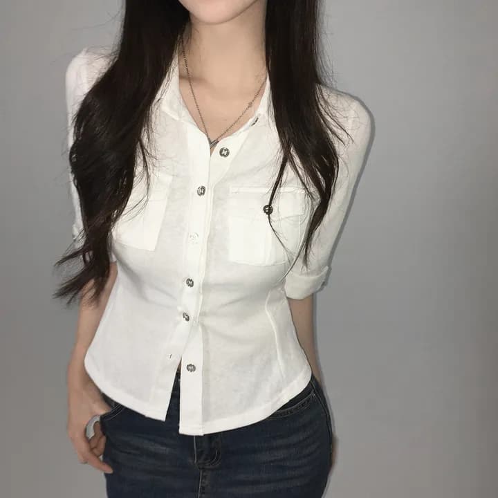 있음 선적 한국 chic 캐주얼 바람 폴로 칼라 허리 수축 5 점 소매 셔츠 상세 이미지 10