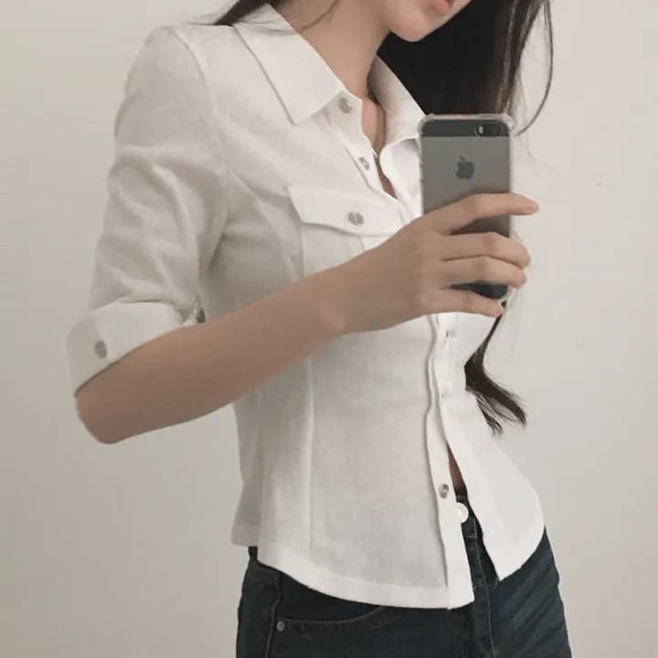 있음 선적 한국 chic 캐주얼 바람 폴로 칼라 허리 수축 5 점 소매 셔츠 상세 이미지 18
