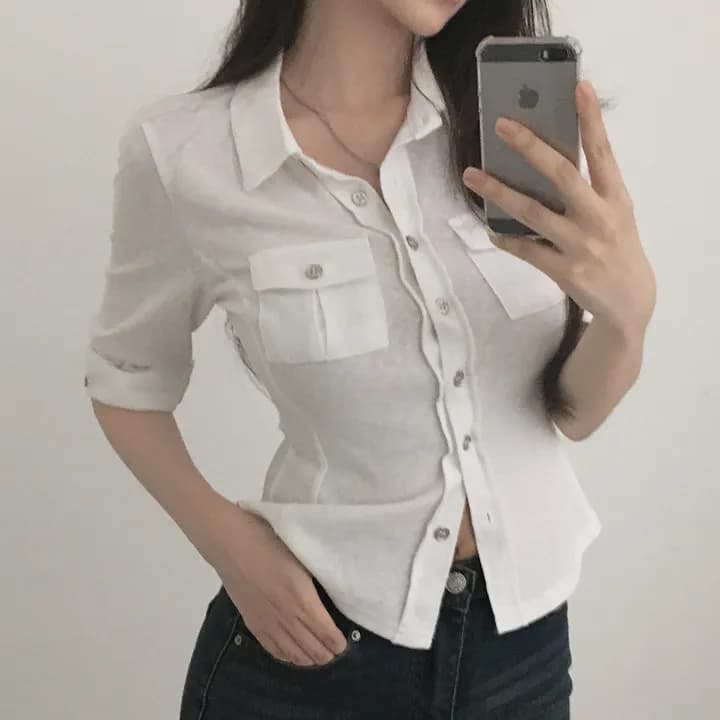 있음 선적 한국 chic 캐주얼 바람 폴로 칼라 허리 수축 5 점 소매 셔츠 상세 이미지 19