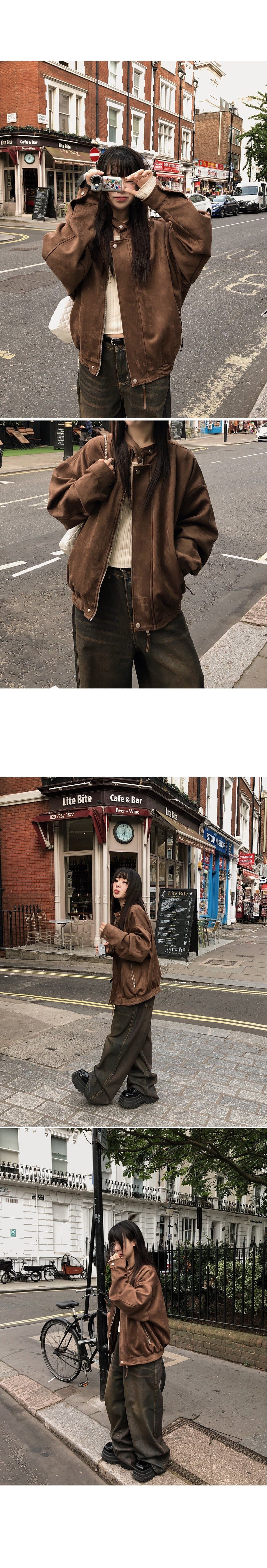 있음 선적 거리 센스 레트로 스웨이드 원단 지퍼 오토바이 캐주얼 재킷 짧은 외투 상세 이미지 6
