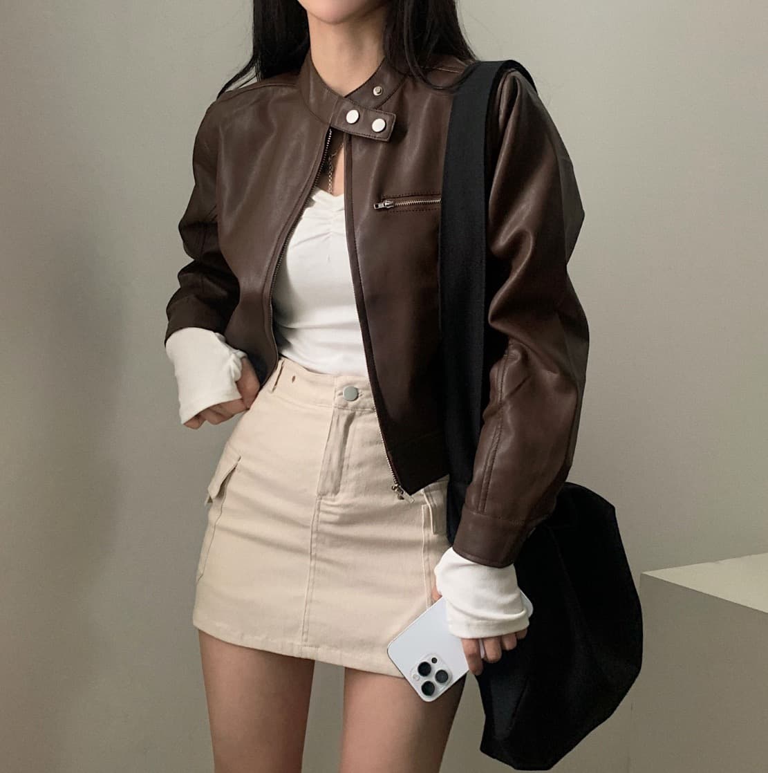 있음 선적 한국 ins 가을 겨울 품격 오토바이 가죽 재킷 반하이넥 야구 유니폼 가죽 재킷 상세 이미지 3
