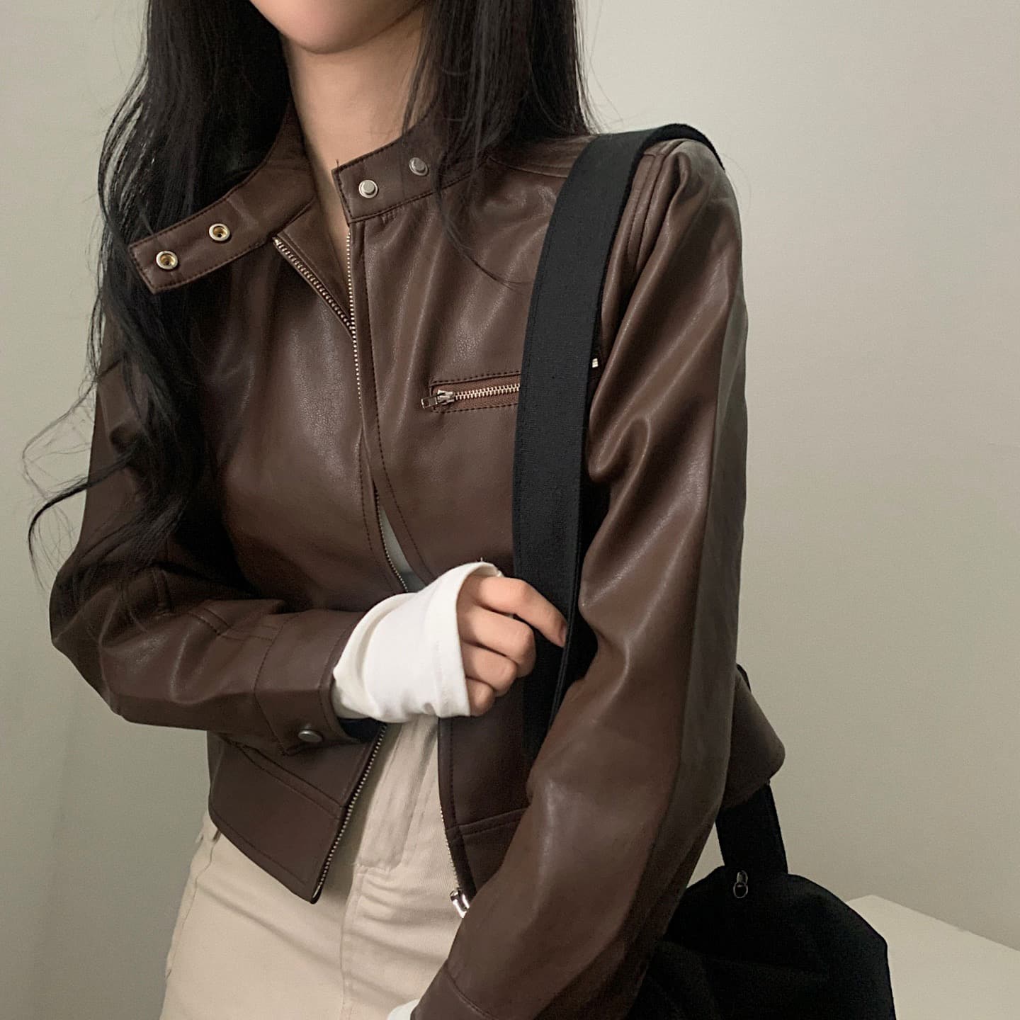 있음 선적 한국 ins 가을 겨울 품격 오토바이 가죽 재킷 반하이넥 야구 유니폼 가죽 재킷 상세 이미지 5