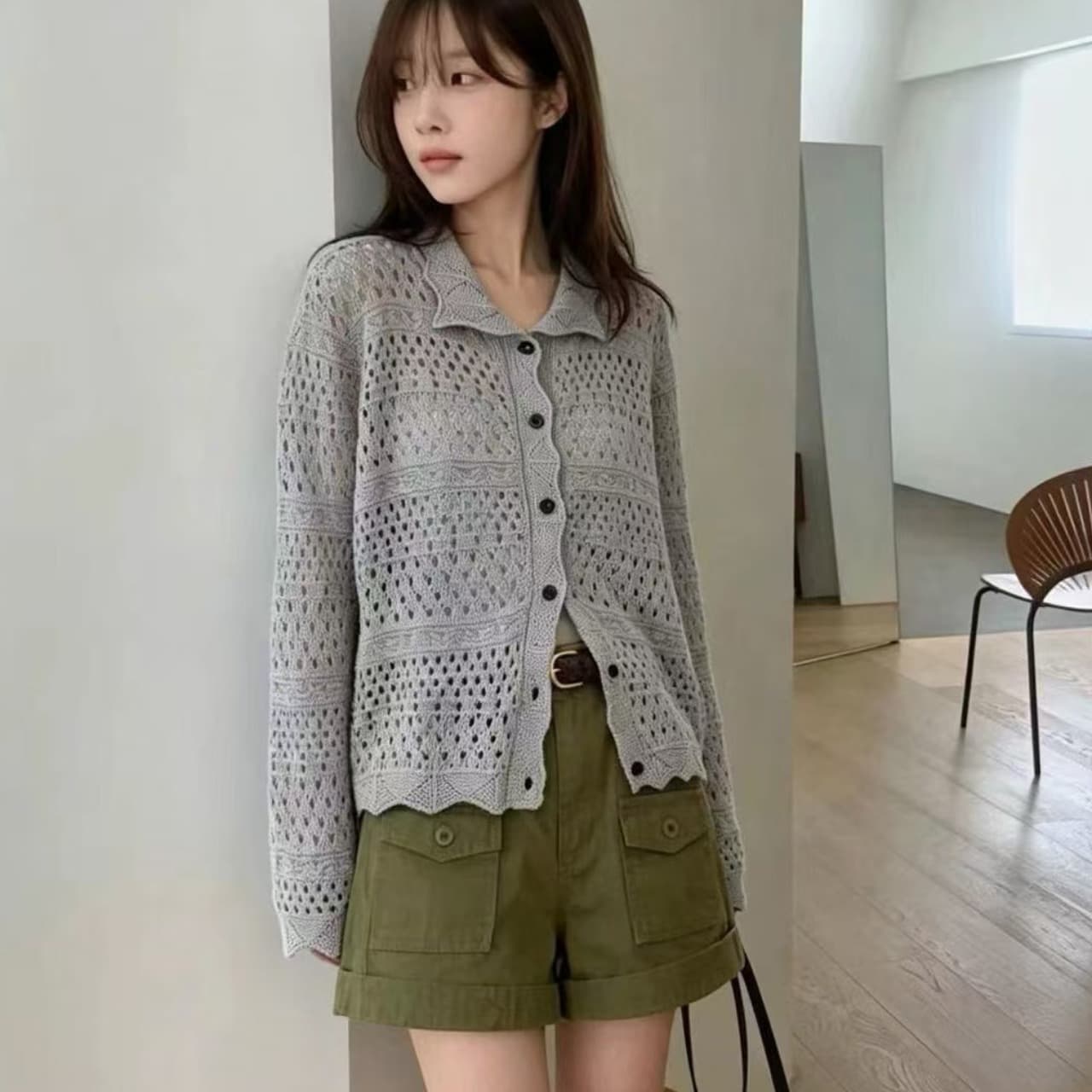 있음 선적 한국 ins 부드러운 바람 홀로우 아웃 슬림해 보이는 다용도 니트 오픈 가디건 이미지 2
