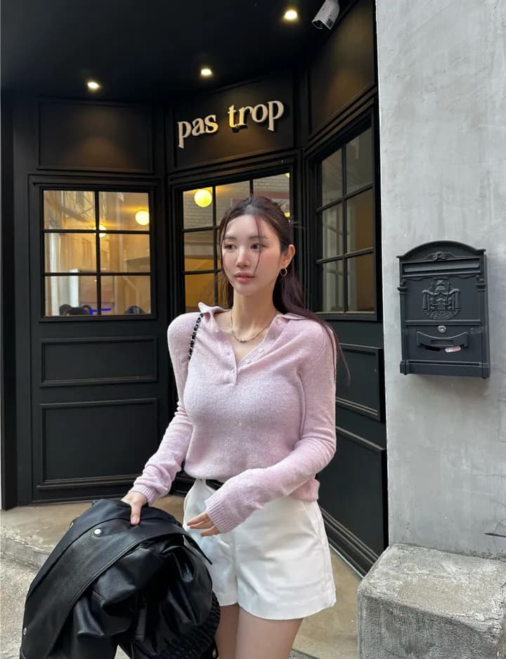 있음 선적 한국 ins 부드러운 미니멀리즘 일상 출퇴근 폴로 칼라 부서 버클 긴팔 니트 스웨터 상세 이미지 2