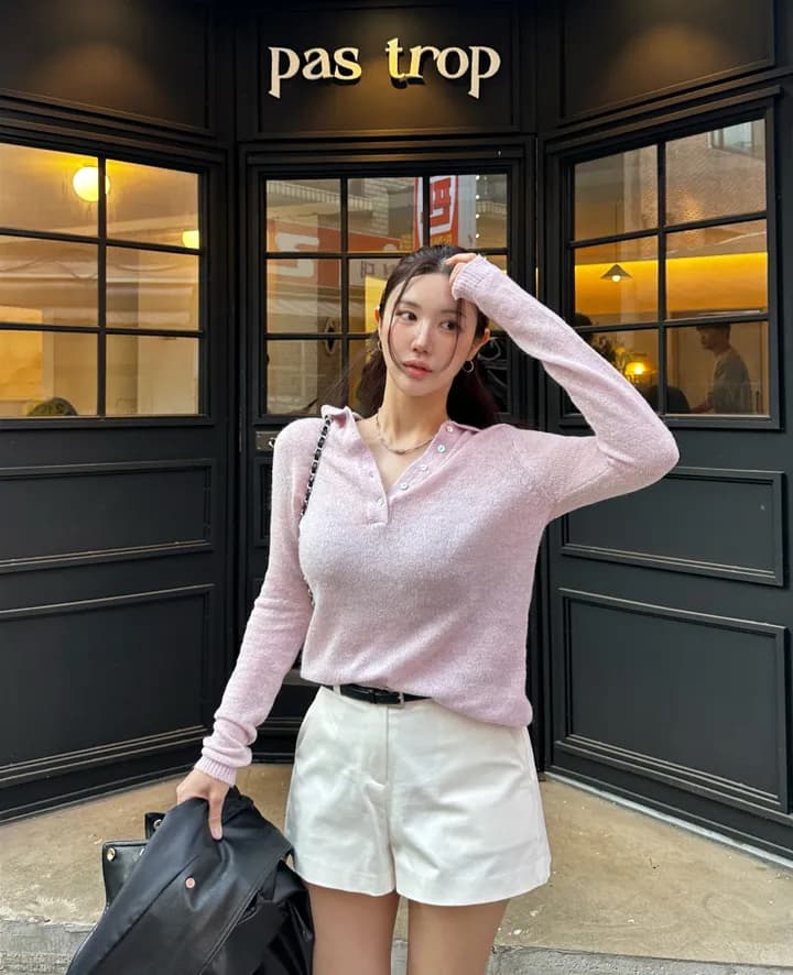 있음 선적 한국 ins 부드러운 미니멀리즘 일상 출퇴근 폴로 칼라 부서 버클 긴팔 니트 스웨터 상세 이미지 16