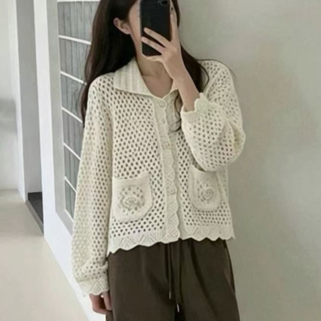 있음 선적 한국 ins 달콤함 소녀 훅 제직 홀로우 아웃 폴로 칼라 긴팔 니트 재킷 이미지 2