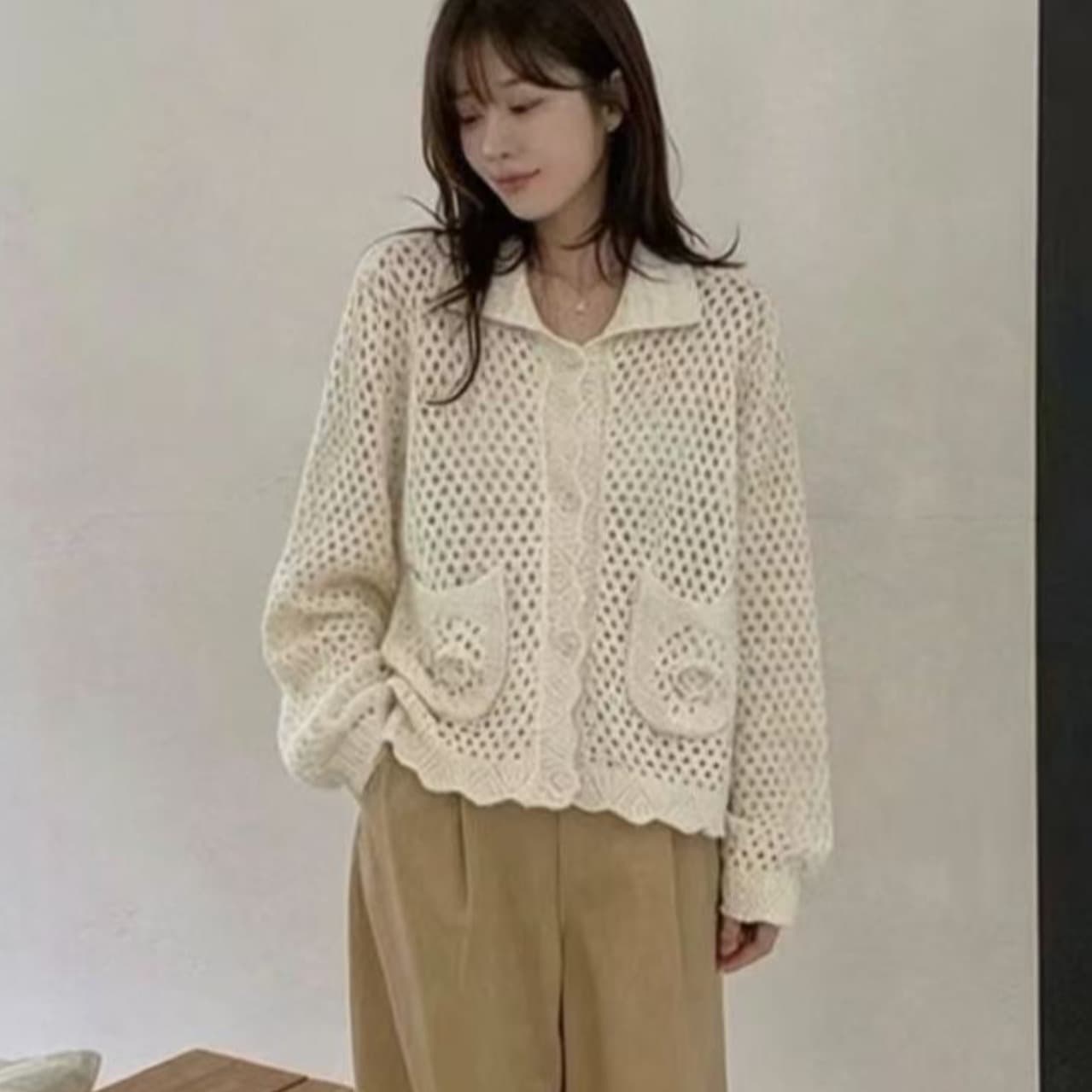 있음 선적 한국 ins 달콤함 소녀 훅 제직 홀로우 아웃 폴로 칼라 긴팔 니트 재킷 이미지 3
