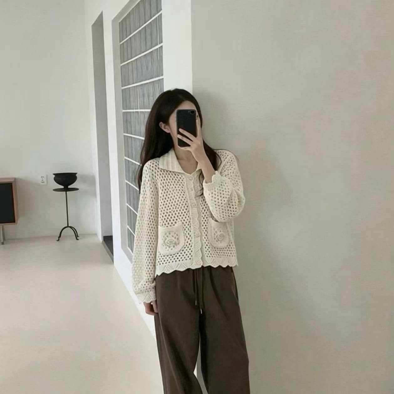 있음 선적 한국 ins 달콤함 소녀 훅 제직 홀로우 아웃 폴로 칼라 긴팔 니트 재킷 상세 이미지 1