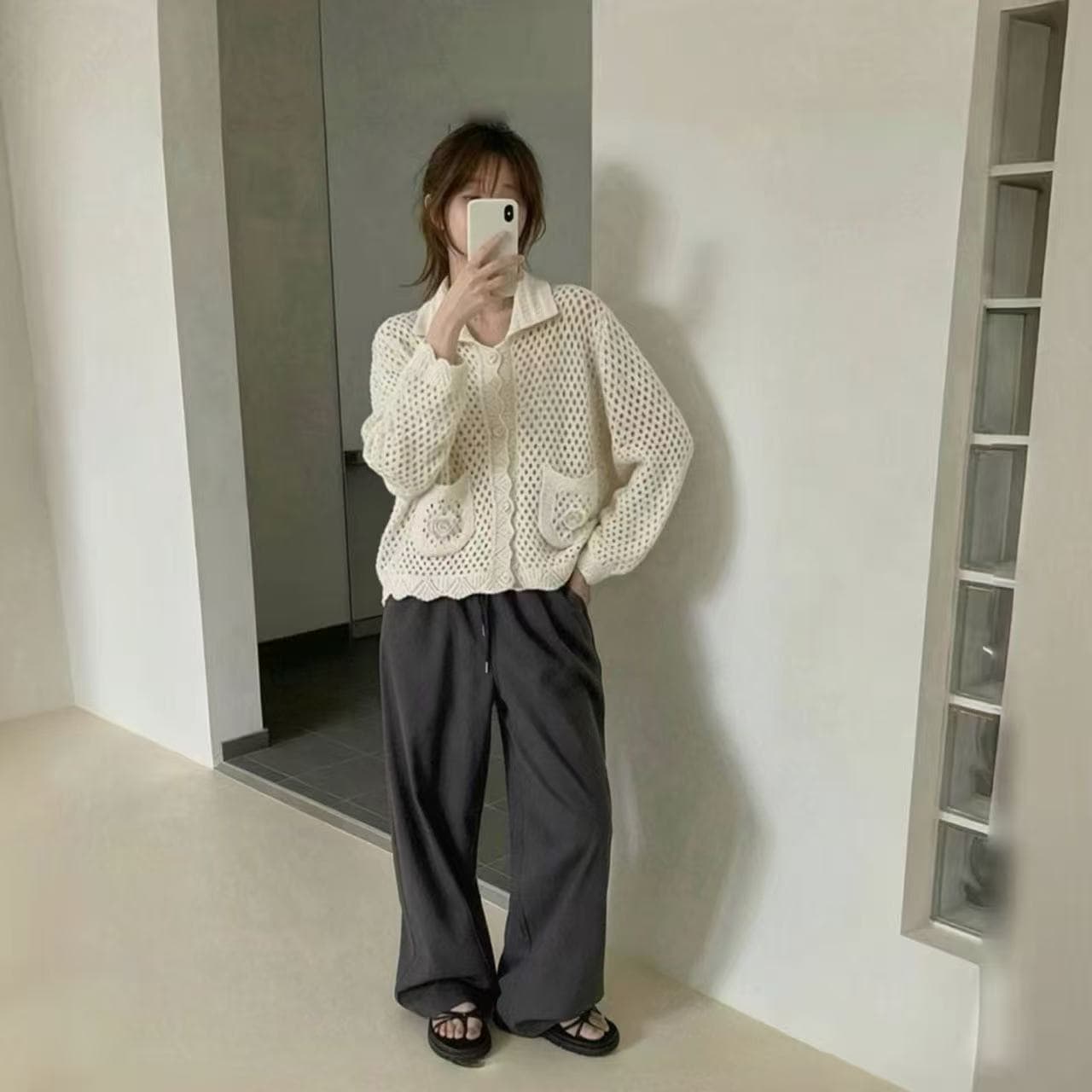 있음 선적 한국 ins 달콤함 소녀 훅 제직 홀로우 아웃 폴로 칼라 긴팔 니트 재킷 상세 이미지 4