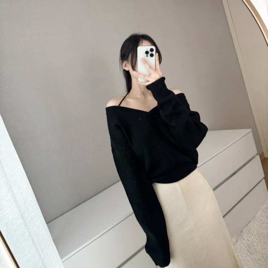 있음 선적 chic 한국 작은 대중 디자인 센스 미니멀리즘 V넥 행침 목 니트 스웨터 이미지 5