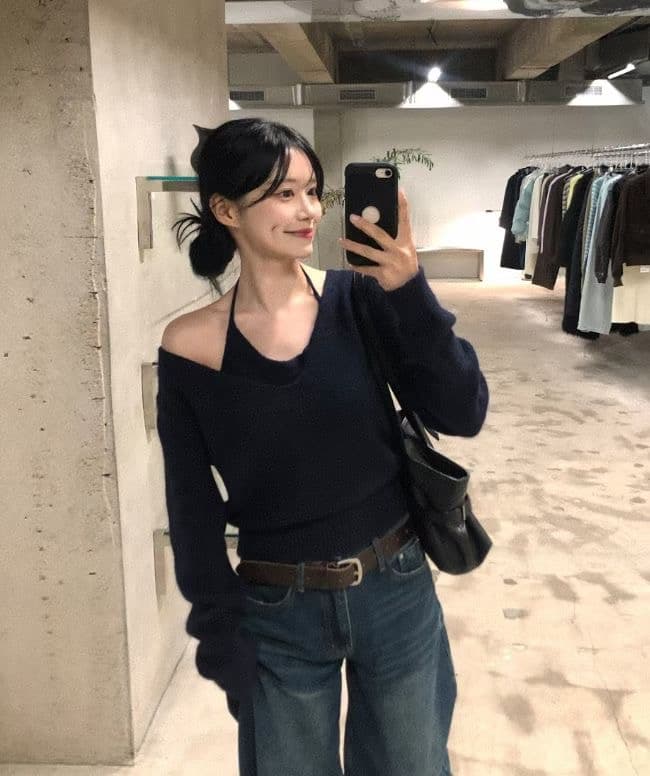 있음 선적 한국 ins 품격 V넥 루즈핏 느긋한 바람 니트 스웨터 맨위 슬립 투피스 세트 상세 이미지 15
