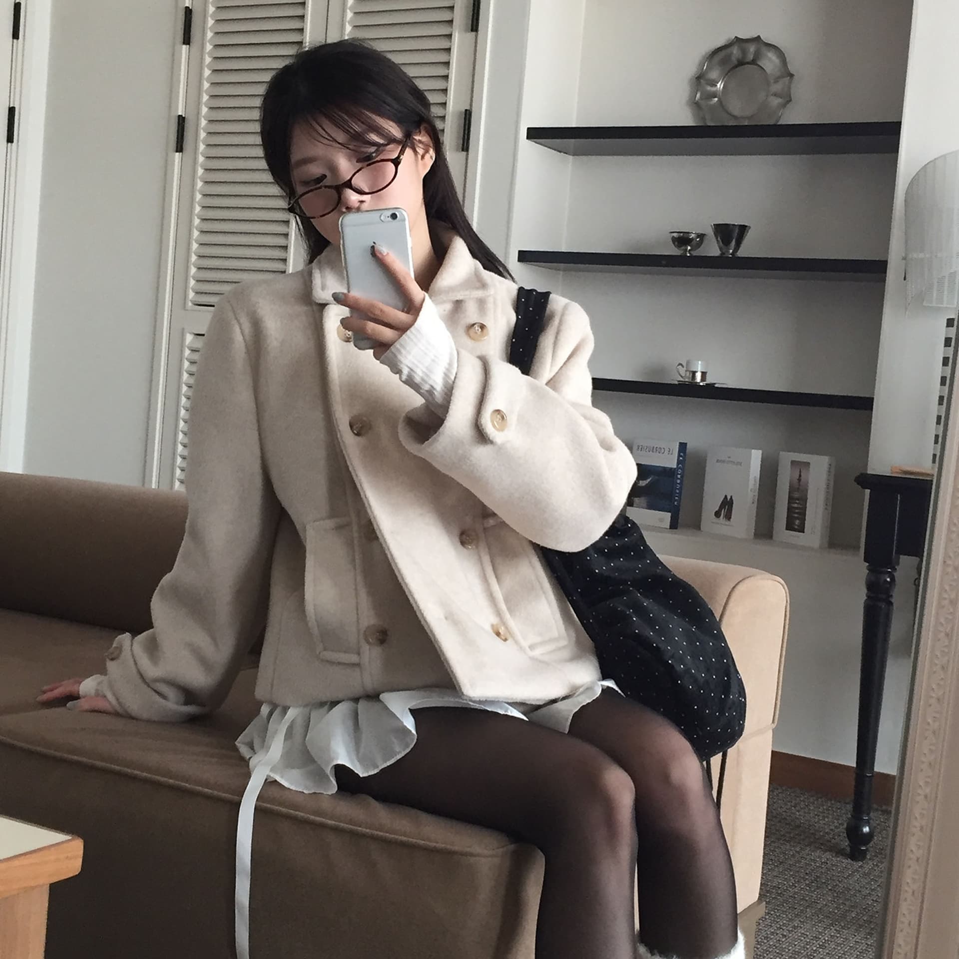 있음 선적 한국 ins 레트로 폴로 칼라 이중 버튼 솜을 넣은 쇼트 스타일 양모 자켓 이미지 2
