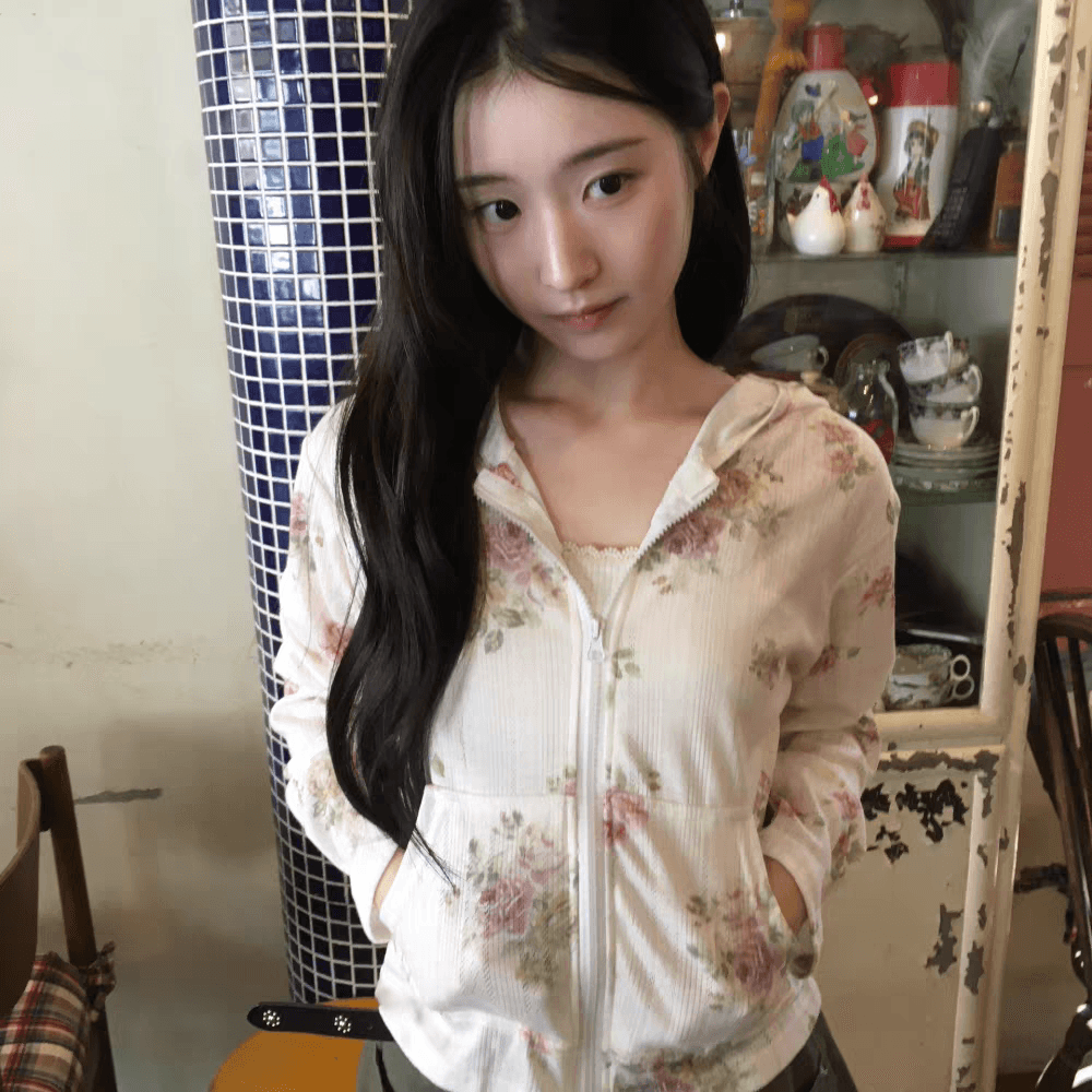 있음 선적 한국 ins 달콤함 소녀 레트로 꽃 후드 긴팔 맨위 이미지 2