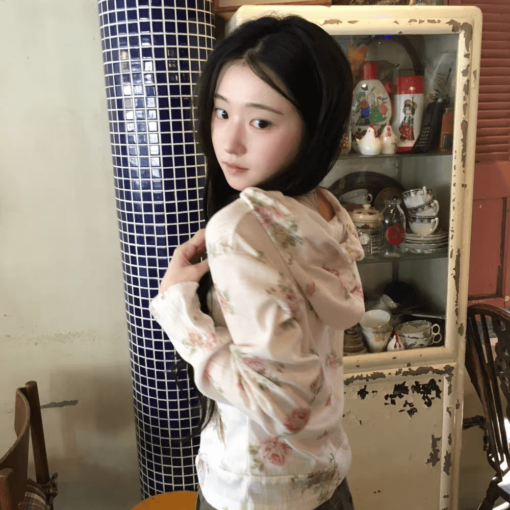 있음 선적 한국 ins 달콤함 소녀 레트로 꽃 후드 긴팔 맨위 이미지 4