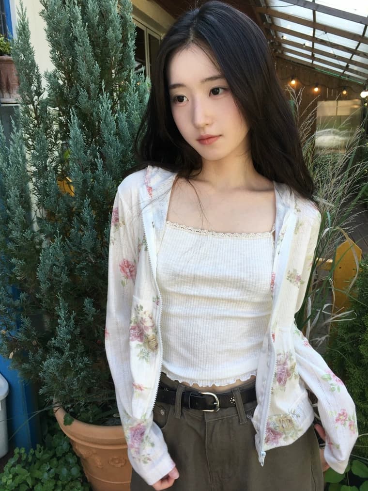 있음 선적 한국 ins 달콤함 소녀 레트로 꽃 후드 긴팔 맨위 상세 이미지 7