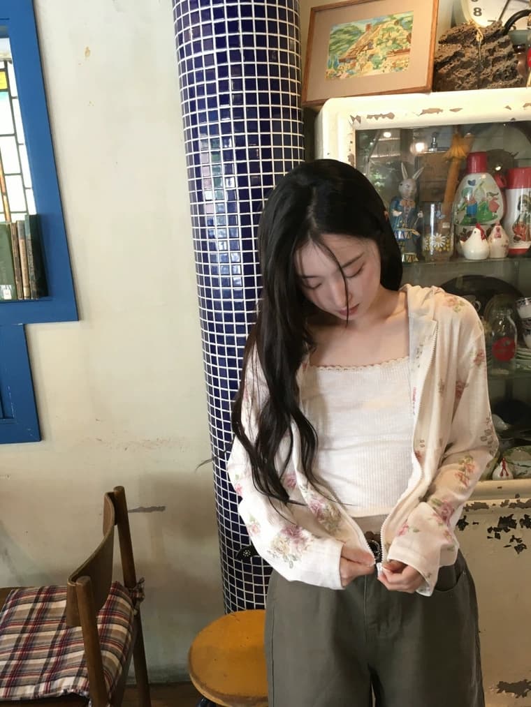 있음 선적 한국 ins 달콤함 소녀 레트로 꽃 후드 긴팔 맨위 상세 이미지 8