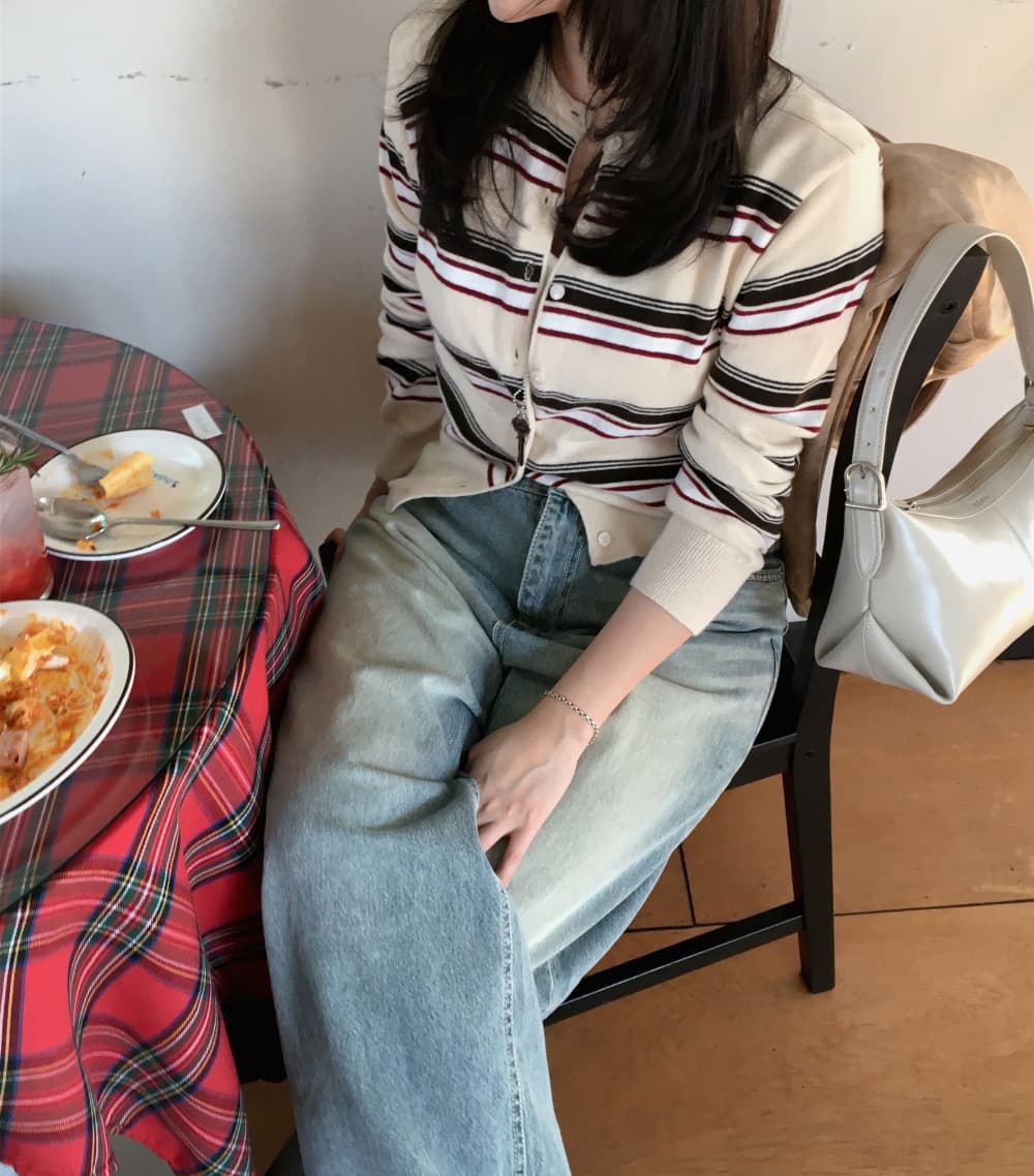 있음 선적 한국 chic 레트로 연령 감소 다용도 작은 단추 긴팔 스트라이프 니트 오픈 가디건 상세 이미지 12