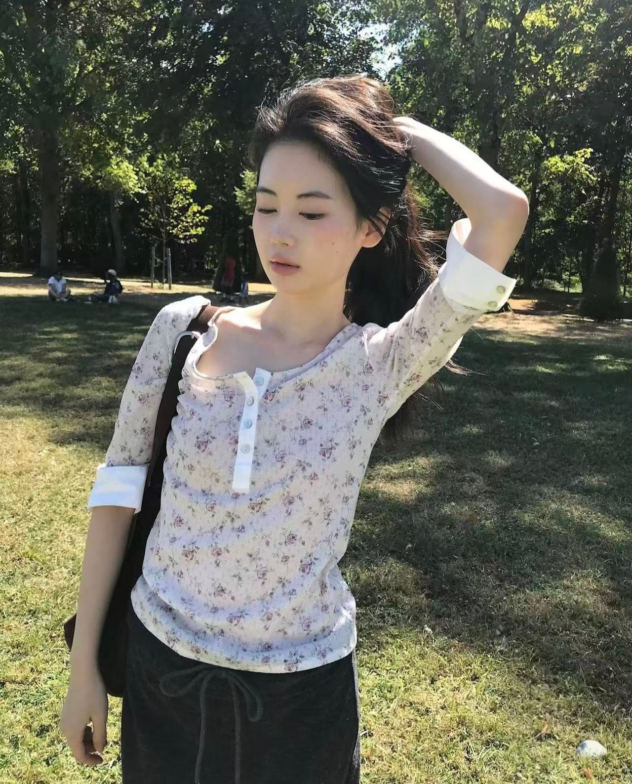 한국 chic 레트로 달콤함 꽃무늬 5 점 소매 티셔츠 상세 이미지 11