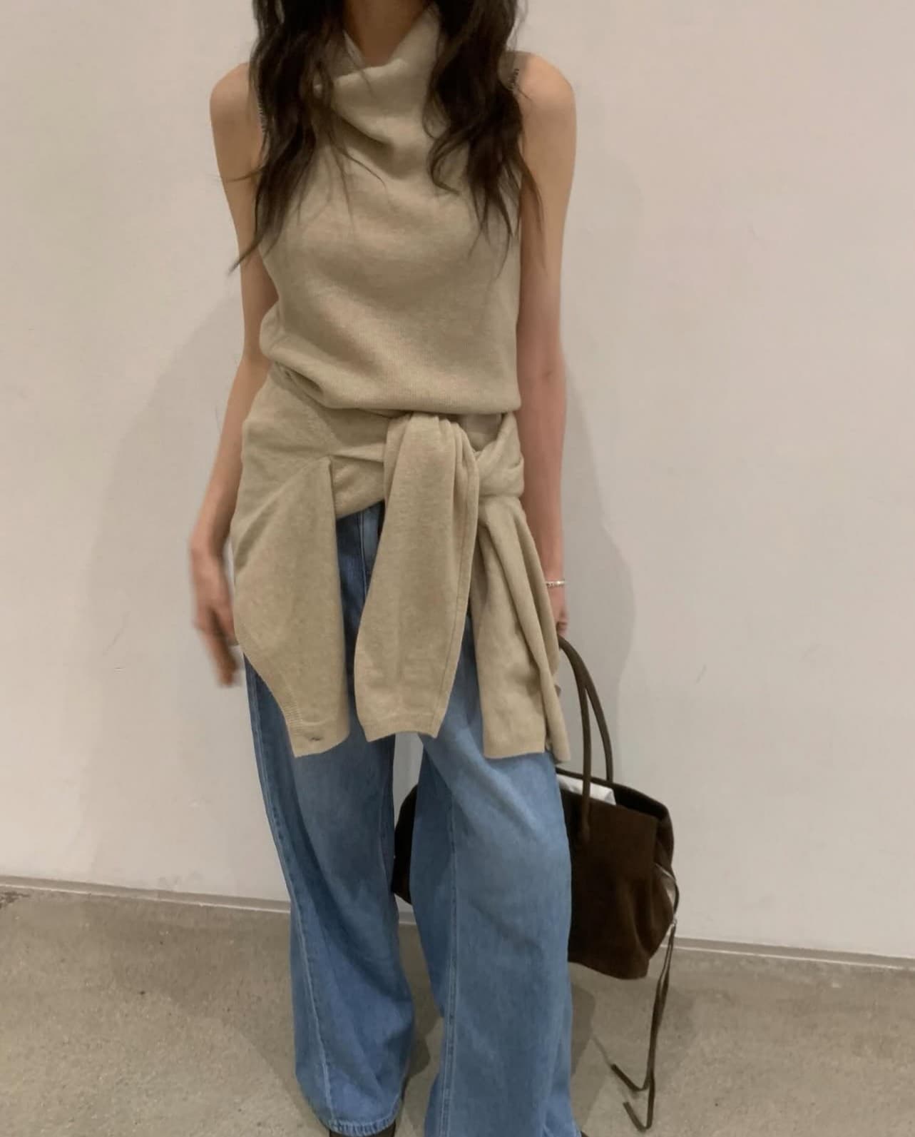 한국 ins 느긋한 긴팔 니트 오픈 가디건 다용도 행침 목 조끼 세트 상세 이미지 5