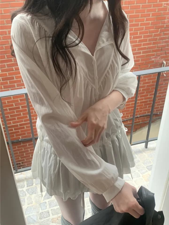 있음 선적 한국 ins 단색 주름 센스 긴팔 끈 셔츠