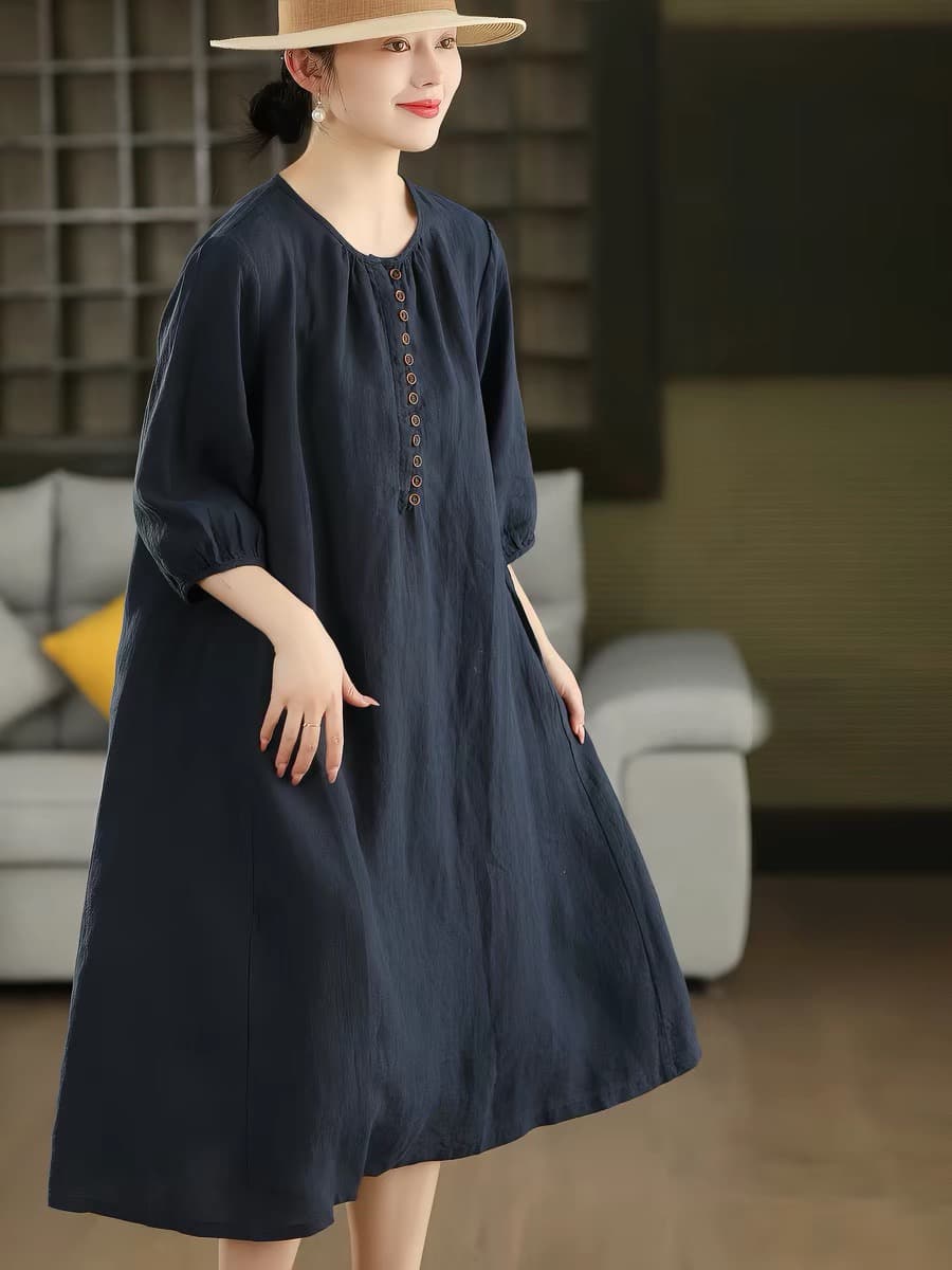 비 실사 레트로 던시 면 린넨 로브 여성 문예 벌룬 소매 라운드 넥 드레스 대 무릎 아래 롱 스커트 상세 이미지 2