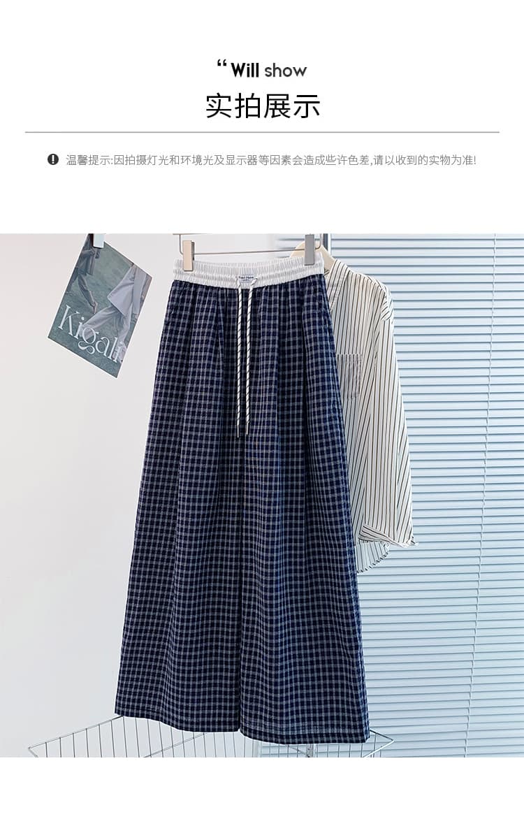 실사 2026 레트로 체크무늬 허리밴드 캐주얼 바지 여성 여름 얇은 스타일 바지 루즈핏 넓은 다리 스트레이트 팬츠 디스플레이 상세 이미지 6