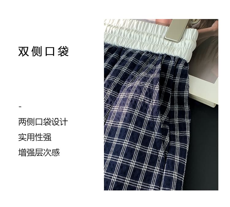 실사 2026 레트로 체크무늬 허리밴드 캐주얼 바지 여성 여름 얇은 스타일 바지 루즈핏 넓은 다리 스트레이트 팬츠 디스플레이 상세 이미지 5