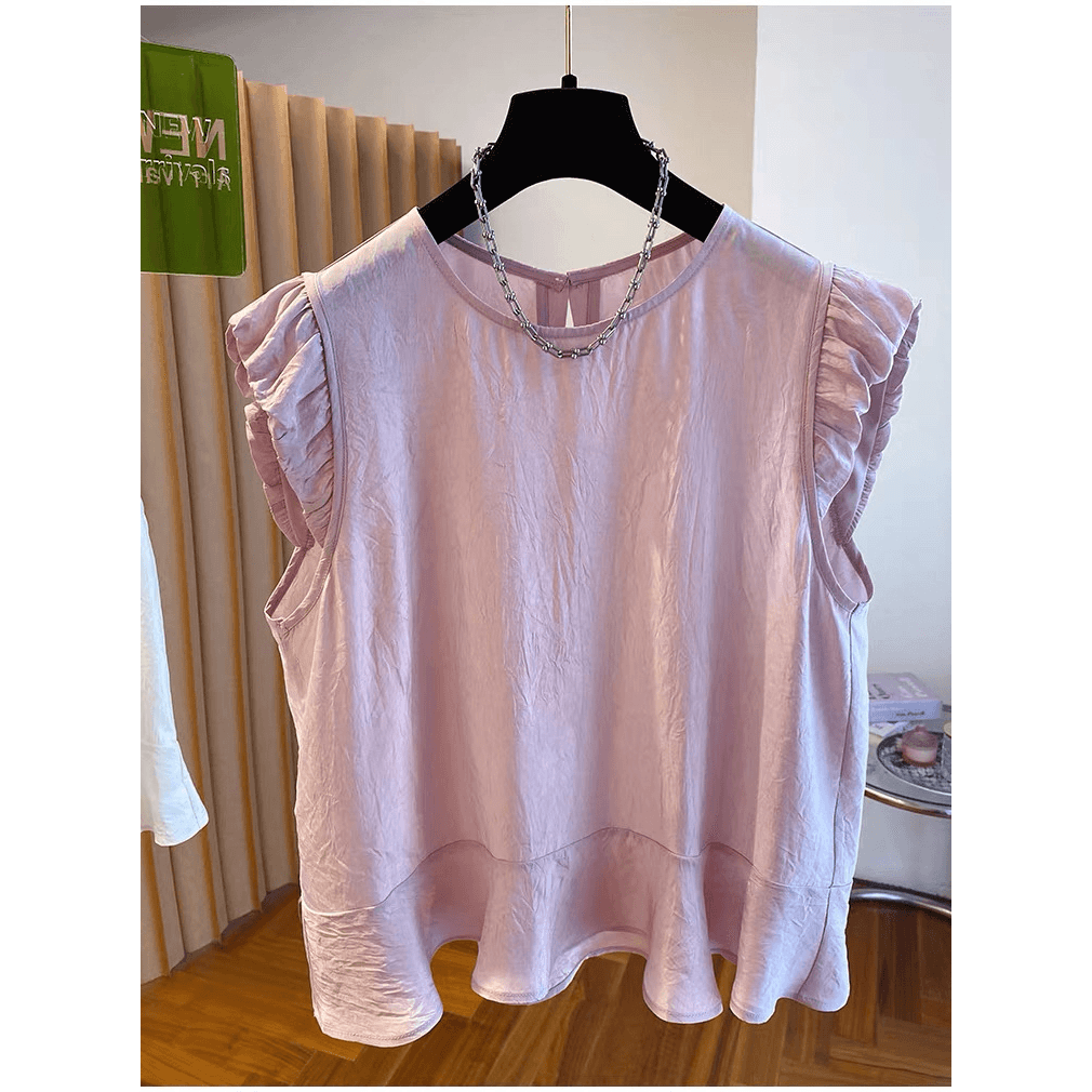 비 실사 핑크색 새틴 아세트산 민소매 맨위 여성 여름 새로운 루즈핏 프릴 셔츠 조끼 외국 가스 작은 셔츠 이미지 5