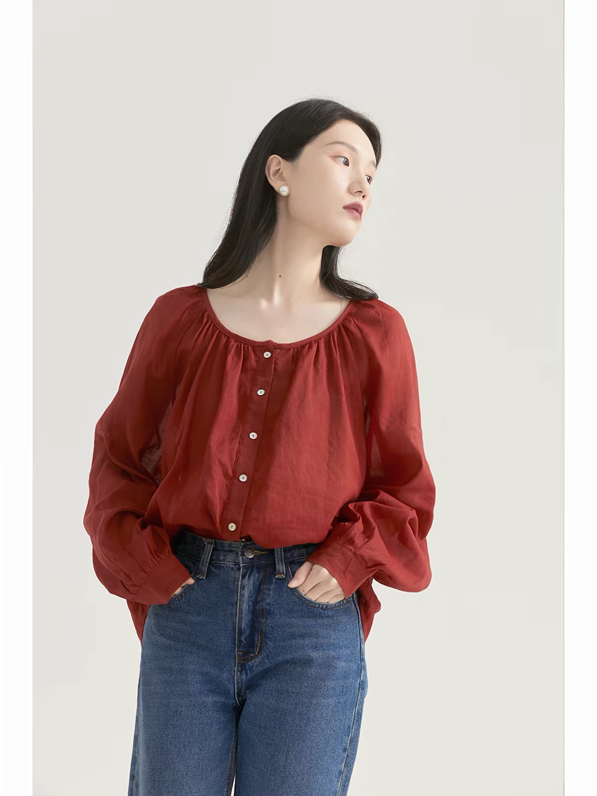 비 실사 레트로 빨간색 맨위 벌룬 소매 셔츠 가을 주름 라운드 넥 거품 소매 작은 대중 디자인 프랑스식 작은 셔츠 이미지 4