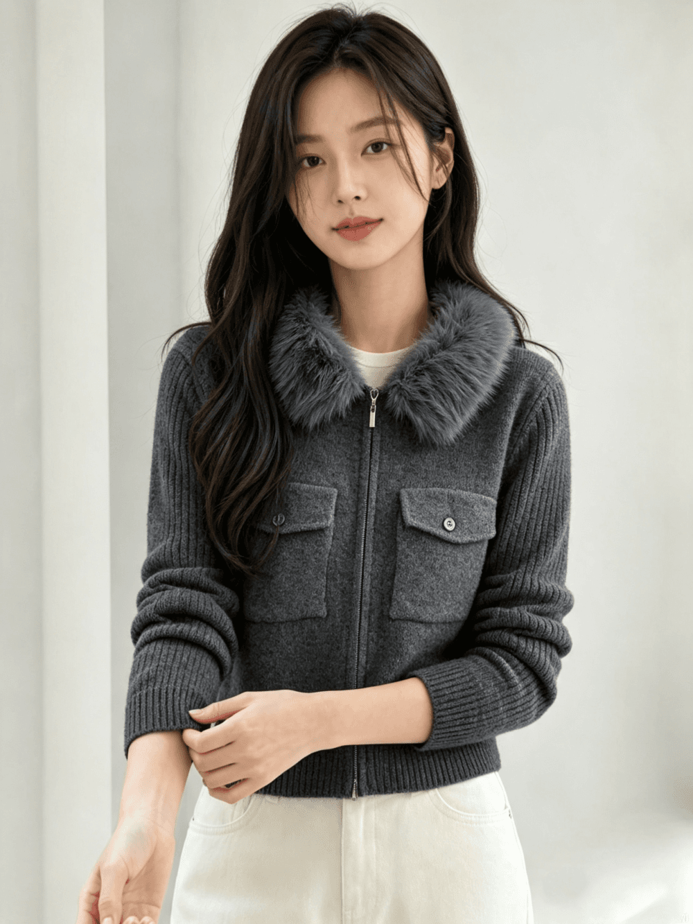 고급 센스 단색 주머니 지퍼 디자인 양모 니트 오픈 가디건 다용도 연령 감소 플리스 털털 의류 여성 코트 상세 이미지 2